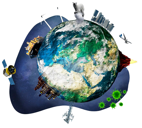 Illustratie van de aarde met windmolens, steden, een ijsbeer en een satelliet